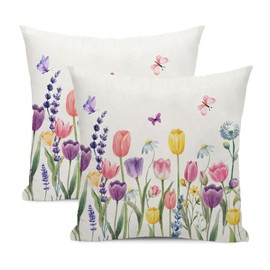 Spring Pillow Covers 18x18 Inch Set of 2, Watercolor Flowers Lavender Tulip Throw Pillows Summer Spring Decorations Floral Pillowcase Square Outdoor Decor Farmhouse Cushion Case for Couch Home