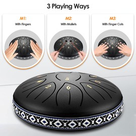 VAYOTOY Steel Tongue Drum, Rain Drum for Garden Tongue Drum 6 Inch 11 Notes C-Key Instrument Handpan with Carry Bag, Music Book, Mallets, Finger Picks for Gifts, Meditation (Black)