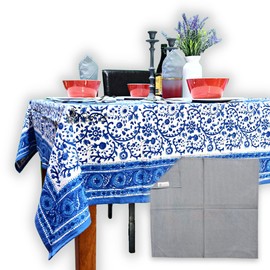 Sweet Us Begonia Floral Cotton Block Print Tablecloth and One Gray Napkin, Floral Kitchen Dining Table Cloth, Table Cover for Indoor and Outdoors, Tiffany Blue, 60 x 90 in