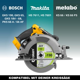 Circular Saw Blade 190 x 30 mm (20 mm Adapter) for Wood (Coarse) - Saw Blade 190 x 30 mm for Quick Cuts of Soft and Hardwood (24 Teeth) - Compatible with Makita and Bosch Saw Blade 190 x 30 mm