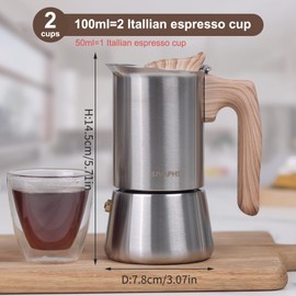 Sivaphe Stovetop Espresso Maker Stainless-Steel 3.5 oz, 1-2 Cup Coffee Maker Induction Moka Pot, 100ml Moka Campaing Coffee Pot, Induction Italian Mocha Pot with Step-by-step Instructions(1 Cup=50ml)