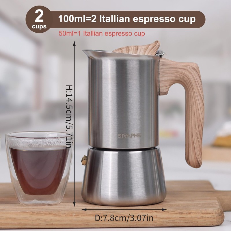 Sivaphe Stovetop Espresso Maker Stainless-Steel 3.5 oz, 1-2 Cup Coffee