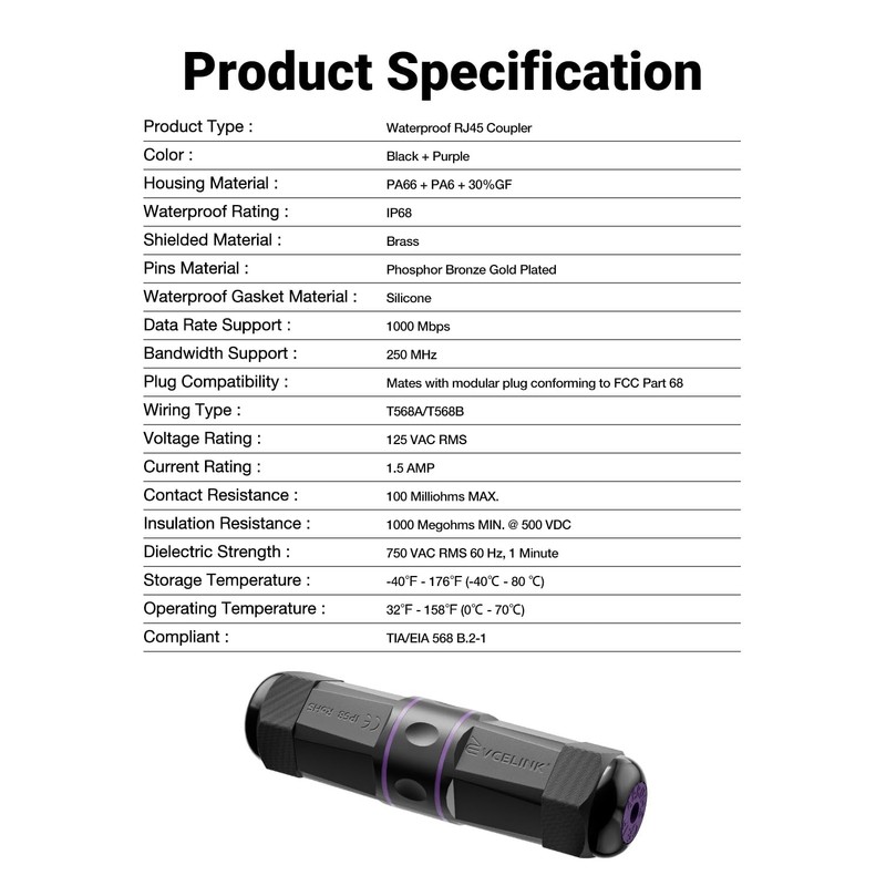 VCELINK Outdoor Waterproof RJ45 Coupler IP68-1000Mbps High-Speed, Tool-Free Installation, Shielded