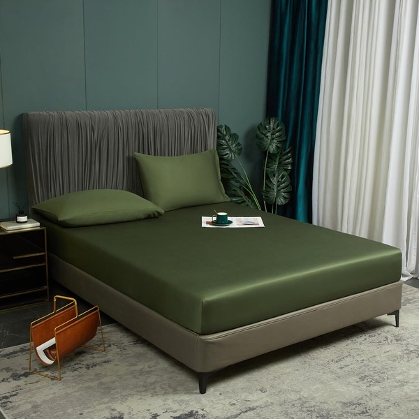 Bamboo Fitted Sheet 160 x 200 cm Green Olive Green