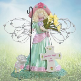 BANBERRY DESIGNS Musical Angel Figurine - Lamb, Cross, Flowers and Staff - Musical Figurine - Guardian Angel on Duty - Plays You Light up My Life - 6.5" H