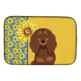 Caroline's Treasures WDK5387DDM Summer Sunflowers Longhair Chocolate and Tan Dachshund Dish Drying Mat Absorbent Dish Drying Mat Pad for Kitchen Counter Dish Drainer Mat for Countertop, 14 x 21", Mult