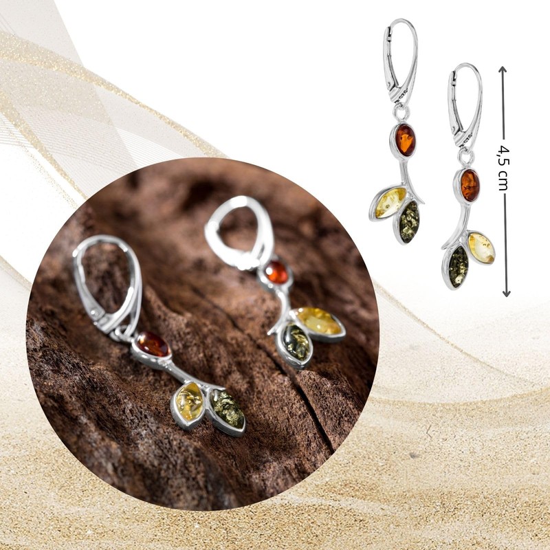 Genuine Amber Sterling Silver 925 Floral Design Earrings, Amber, No