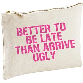 Lolmugs Better to Be Late Make-up Bag 100% Cotton, 22x16cm, Vintage Style Secret Santa Gift, Stocking Fillers for Her Friend Wife Women