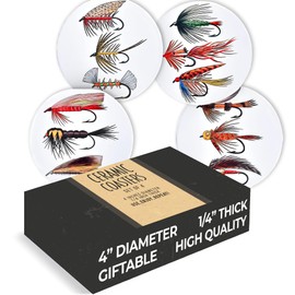 Greenline Goods Fishing Coasters Ceramic - (Set of 4) Lure Themed for Your Fisherman or Fisherwomen - Colored 4 Inch Diameter Fish Coaster with Metal Stand
