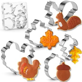 5PCS Large Fall Thanksgiving Cookie Cutters Set - Holiday Cookie Cutter Shapes for Baking-Squirrel, Maple Leaf, Oak Leaf, Acorn, Turkey, Fall Stainless Steel Molds for Holiday Party Decorations