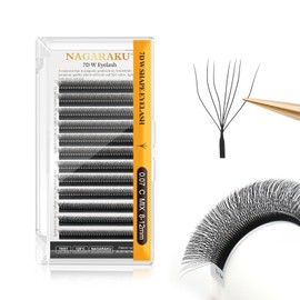 NAGARAKU 7D W Eyelash Extensions, W Shape Eyelash Extension, Self-Fanning Lash, Pre-Fanned Ready-to-Use Fan Weave with Long Handle, Premade Fans Volume Cluster, Matte Black (0.07 mm, C Curl, 8-12 mm)