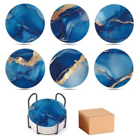 6 PCS Blue Sea and Sandy Beaches Coaster- Stone and Cork Coaster with Absorbent Accessories for Drink, Coffee Table, Home and Office Decor. Unique for Men, Women, Kids.