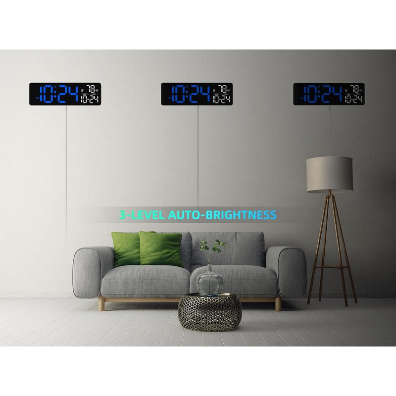 Large LED Digital Wall Clock with Date, Temperature, Auto-Brightness, Auto-DST