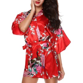 Luxurysmart Peacock Floral Satin Bridal Kimono Robe Bridesmaid Robe Wedding Robe