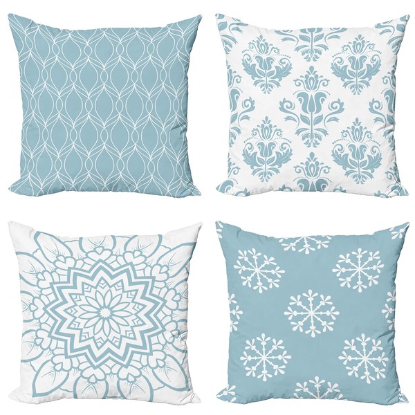 Ambesonne Retro Throw Pillow Cushion Case Pack of 4, Trellis Grid Medieval Floral Damask Mandala Flower Ornament in Modern Monochrome, Modern Accent Double-Sided Digital Printing, 18", Pale Blue Grey