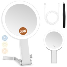 MIYADIVA Magnifying Mirror with Light, Double Sided 30X/1X Lighted Travel Makeup Mirror with Magnification, 3 Color Lighting, Dimmable Touch Screen, Adjustable & Foldable Hand Mirror (White)