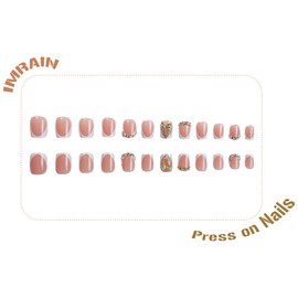IMRAIN Square Press on Nails - Short Fake Nails - Golden Bow, Rhinestone Designs - Bling Handmade Gel Acrylic False Nails - Glossy White French Glue on Nails - 12 Sizes - 24 Nail Kit with Glue