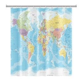 SDOTPMT 105x160cm World Map Shower Curtain Countries and Cities Geography Educational Bath Curtain Blue Ocean Continents Bathtub Curtain for Kids Bathroom Fabric Polyester Waterproof with Hooks