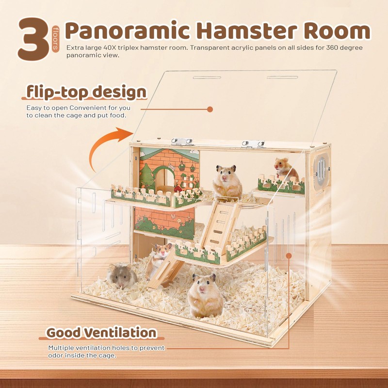Large Acrylic Hamster Cage, Wooden Dwarf Hamster Habitat, Spacious Dwarf