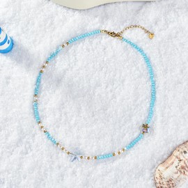 Colorful Beaded Necklace For Women Multi-layer Pearl Necklace For Summer Fashion Bohemian Style Beach Holiday Jewelry Birthday Gift For Girlfriend (Blue)