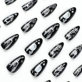 IMSOHOT Almond Press on Nails Medium Stiletto Black Fake Nails with Nail Glue Moon Star False Nails 24Pcs Full Cover Acrylic Nails