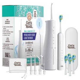 GuruNanda Lion & Lamb Kit 2.0, Electric Toothbrush with Water Flosser Combo, 4 Jet Tips, 4 Brush Heads & IPX7 Waterproof Design for Complete Oral Care:_White