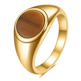 MYNENEY Stainless Steel Round Shape Classical Simple Plain Wedding Engagement Statement Pinky Band Signet Rings for Men Women Size 4-15 (Cat's eye-Gold, 6)