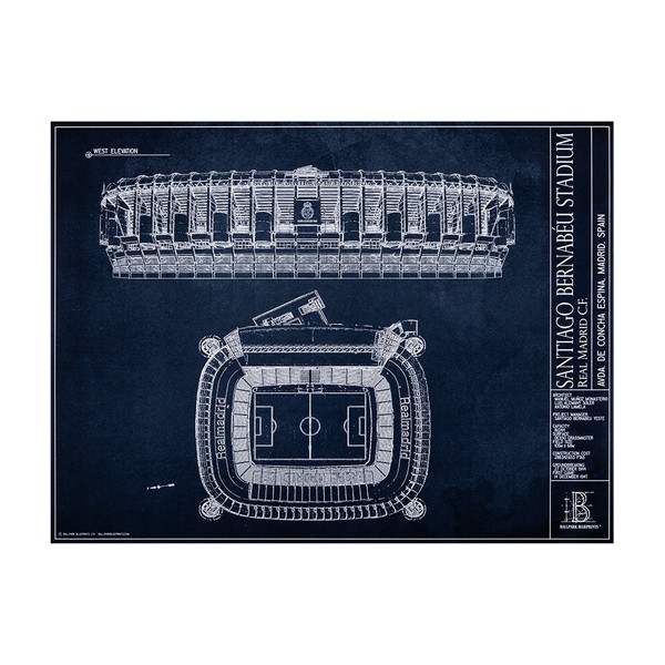 Santiago Bernabéu Stadium Blueprint Style Print (Unframed, 18"H x 24"W)