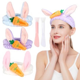 Skincare Headband Set,Rabbit Carrot Makeup Headband with Dual Use Face Mask Brush,Elastic Warm Flannel Spa Headband for Washing Face Yoga Beauty(Blue,White,Purple,3Pcs)