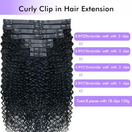 Seamless 3C 4A Kinky Curly Clip In Extension PU Weft Curly Clip in Extension Human Hair Clip Ins Full Head for Black Women Brazilian Remy Human Hair Natural Color 8Pcs with18clips 120g/Set (20 inch)