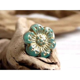 Czech 6 - 14mm CZECH TRANSLUCENT AQUA OPALINE GOLD WASH WILD ROSE FLOWER BLOSSOM BEADS