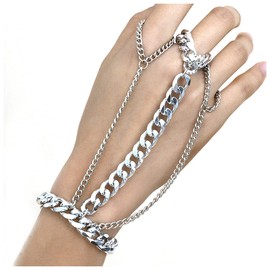 Asphire Punk Layered Cuban Link Chain Bracelet with Finger Ring Chunky Chain Tassel Hand Harness Slave Bracelet Boho Wrist Chain for Women Teens Girls (Gold)
