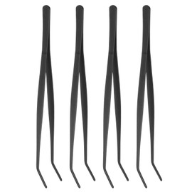 sourcing map 4pcs Long Tweezers 11.8 Inch Stainless Steel Tweezers with Curved Serrated Tip Multi-Purpose Kitchen Tongs for Cooking Gardening Repairing Craft, Black