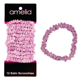 Amelia Beauty, Pink, Skinny Satin Scrunchies, 12 Pack – 2in Diameter, Gentle & Strong Hold, No-Snag, No-Dent, Crease-Free Hair Ties