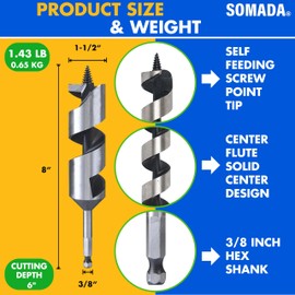 SOMADA 1-1/2-Inch x 8-Inch Auger Drill Bit for Wood, Quick Change Hex Shank 3/8-Inch One Piece, Ship Auger Long Drill Bit for Soft and Hard Wood, Plastic, Drywall and Composite Materials