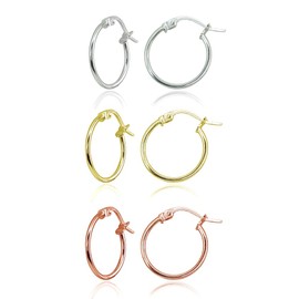 3 Pair Set Sterling Silver, Yellow & Rose Gold Flashed Tiny or Small High Polished Round Thin Lightweight Unisex Click-Top Hoop Earrings, Choose a Size, Metal