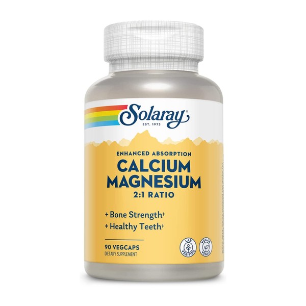 Solaray Enhanced Absorption Calcium Magnesium - 90 VegCaps - 2:1 Ratio - Supports Bone Strength & Healthy Teeth - Vegan