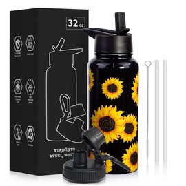 CLQFDT 32oz Sunflower Vacuum Insulated Stainless Steel Water Bottles with Straw & Spout Lids, Double Wall Sport Bottle, Sweat-Proof BPA Free, Canteen Metal Thermo Mug Hydro Cup Jug, Sunlfower Gift
