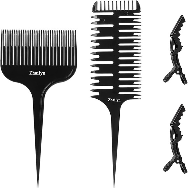 Hair Coloring Comb, 3-Way Sectioning Dyed Comb Set Professional Teasing Comb Hair Dye Styling Tool For Salon Use Hair Dyeing Comb wtin Hair Clips 2 Pcs