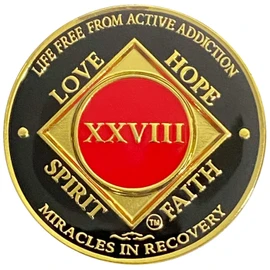 Simply Minimal 28 Year NA Gold Color Plated-Medallion, Recovery Chip, Narcotics Anonymous Coin (Red & Black)