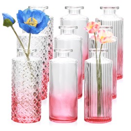 Brajttt Glass Bud Vase Set in Bulk, 9pcs Mini Vintage Flower Vases for Wedding,Pink Relief Vase for Centerpieces,Home Table Flower Decor, Party Decorations