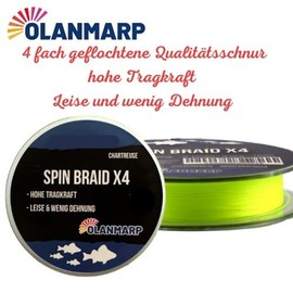 Olanmarp Spin Braid X Colour Chartreuse 250 m - Braided Fishing Line, Thin and Supple for All Types of Fishing (8 Plaited, 0.16 mm - 13 kg)
