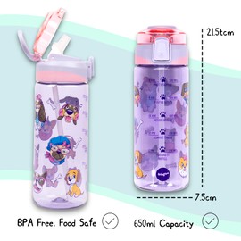 Fringoo - 650ml Kids Water Bottle - Carry Handle 100% Leakproof & BPA Free Tritan Silicon Straw - Secure Flip Lock Lid, Purple Fancy Dogs Design