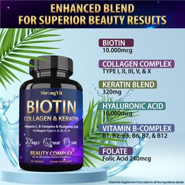 StrongVit Biotin with Hyaluronic Acid, Keratin and Collagen Supplements - 10000mcg for Hair Growth Women and Men - Hair Skin and Nails Vitamins - 60 Capsules