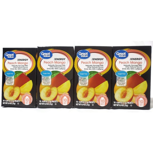 Great Value Sugar Free, Low Calorie ENERGY Peach Mango Drink Mix (Pack of 4)