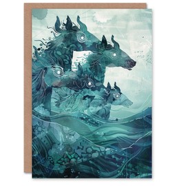Artery8 Mythical Sea Kelpies Riding Waves Artwork Blue Greeting Birthday Card Him Her All Blank