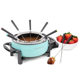 Nostalgia 12-Cup Electric Fondue Pot Set for Cheese & Chocolate - 8 Color-Coded Forks, Temperature Control - Stainless Steel Kitchen Gadgets and Appliances for Hors d'Oeuvres and More - Aqua