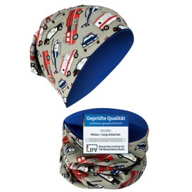 HECKBO Children's Beanie Hat & Scarf Tube Scarf Set - Girls Boys - 95% Cotton - Autumn Spring Winter, Cars