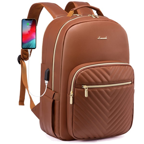 LOVEVOOK Laptop Backpack for Women, Faux Leather Business Work Backpack Purse, Vintage Travel Backpack with USB Charging Port, Waterproof Professor Nurse Bag Laptop Daypack, Brown