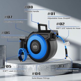 32/50/80 FT + 6.6FT Retractable Air Hose Reel, Easy to Install, Home Tool, for Garage Workshop Ceiling/Wall Mount Pneumatic Hose Reel, Auto Rewind, Hybrid Air Hose Reel Disc, with Brass Fittings End Limiter, 300PSI - size: 3/8 inch 80 Ft